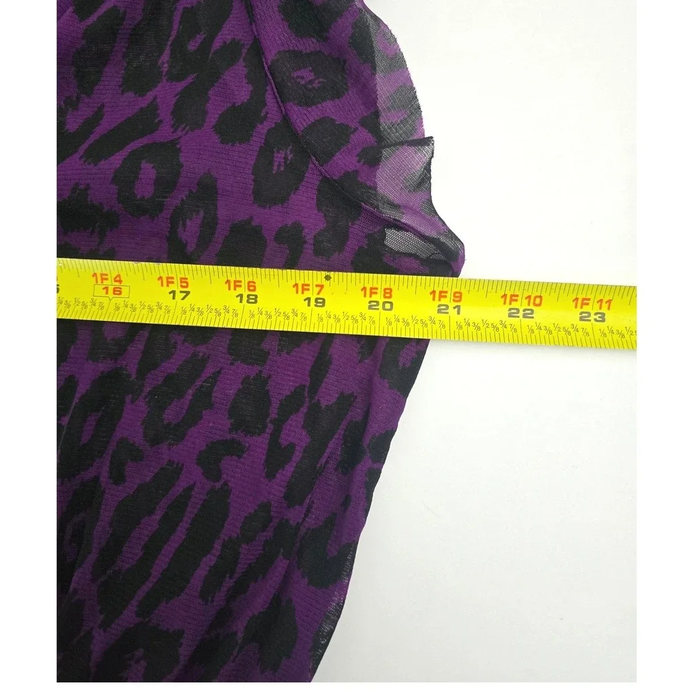 I.N.C International Concept Sheer Animal Print Short Sleeve Ruffle Neck Purple L